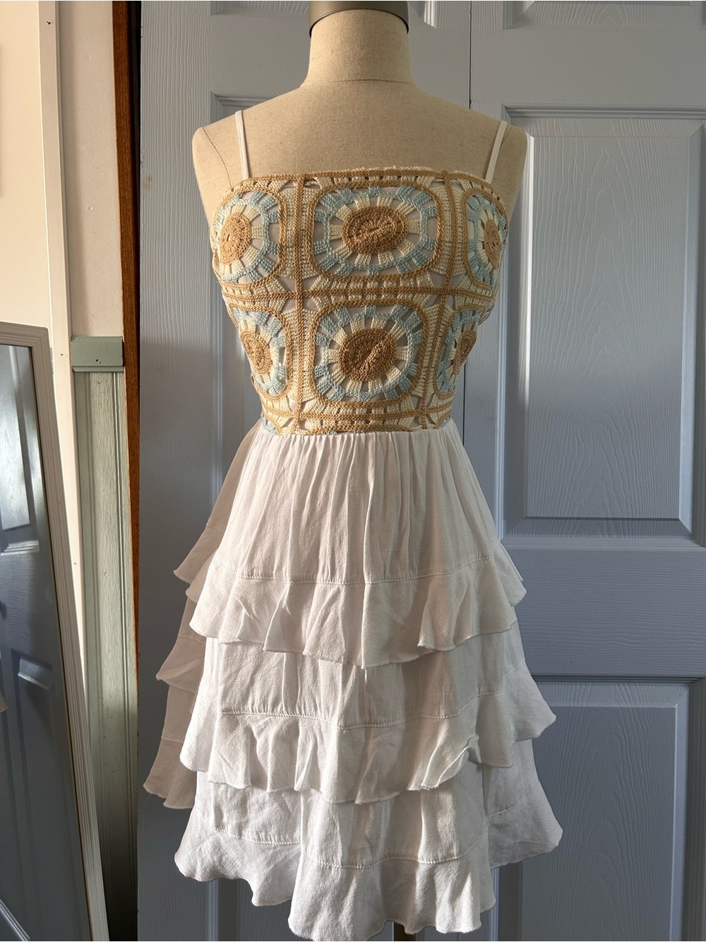 miami White Tiered Sundress with Cream & Light Blue Crochet Bodice